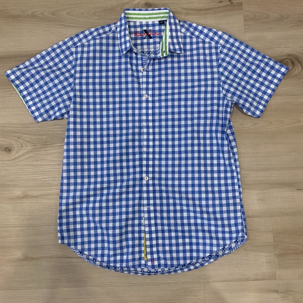 Robert Graham Men's Short Sleeve Large Button up shirt blue and white checkered